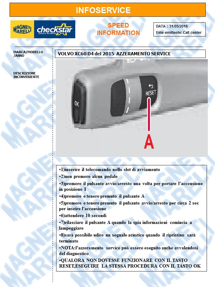 info azzeramento service VOLVO XC60 D4 del 2015